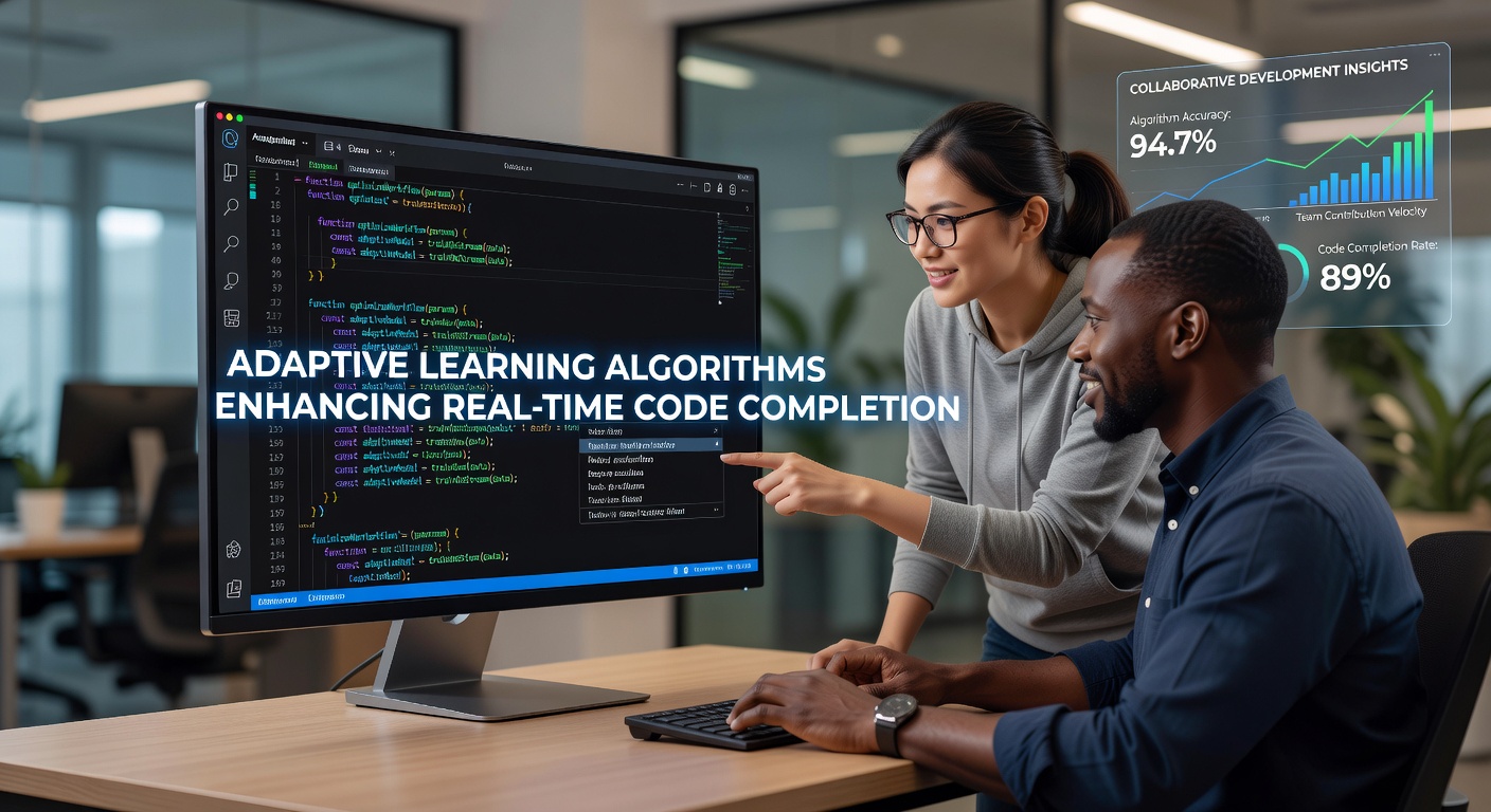 Illustration of adaptive learning algorithms processing code patterns in real-time collaborative development interfaces