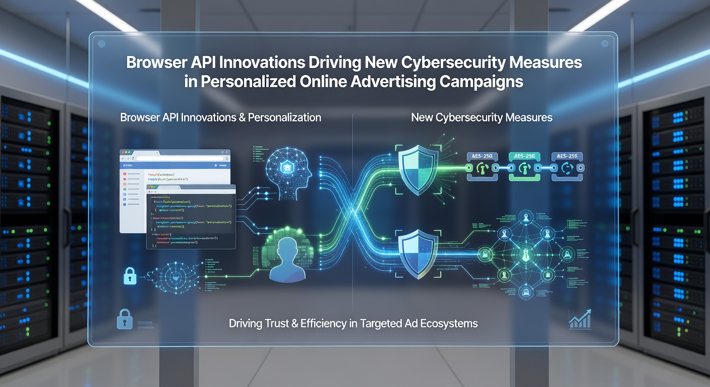Diagram showing secure data pipelines between browser APIs and advertising platforms with layered cybersecurity controls