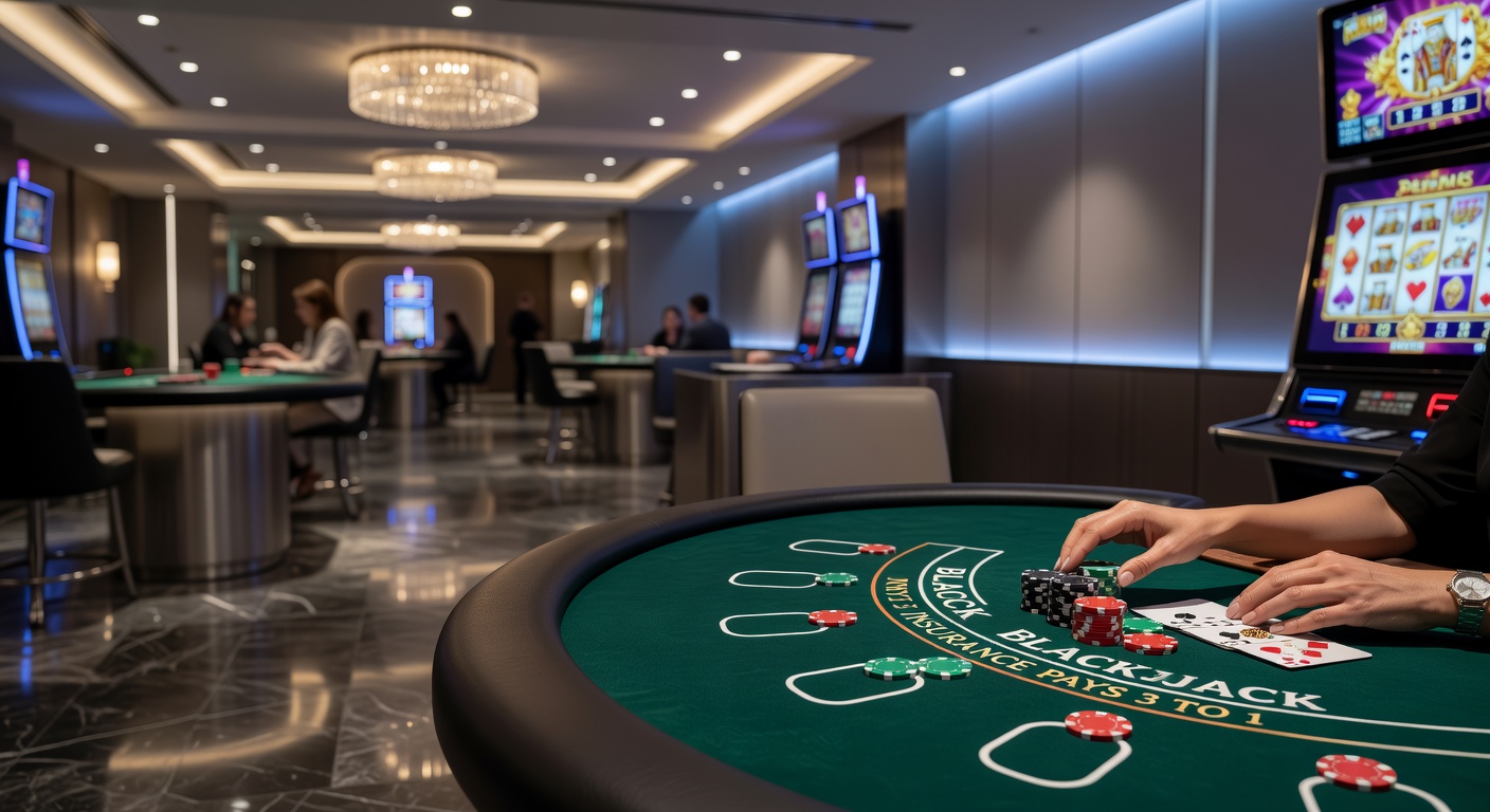 Vibrant casino floor with roulette wheels, slot machines, and card tables bustling with players under colorful lights