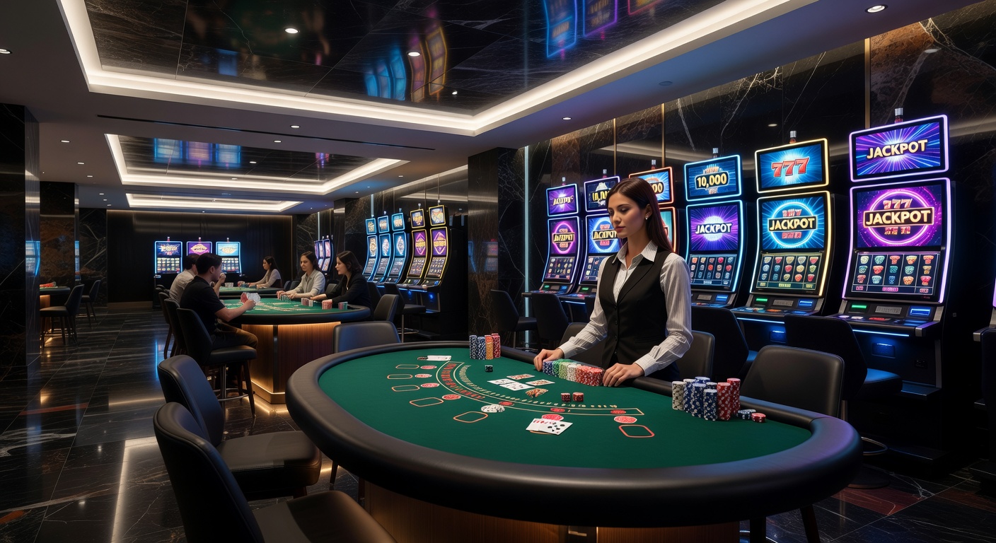 Close-up of a blackjack table with cards dealt, chips stacked, and players focused amid a lively casino atmosphere