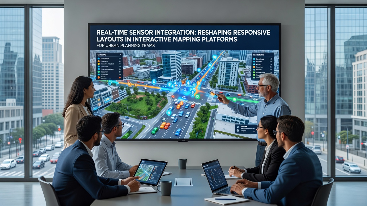 Urban planning team reviewing live sensor data overlays on an interactive city map interface