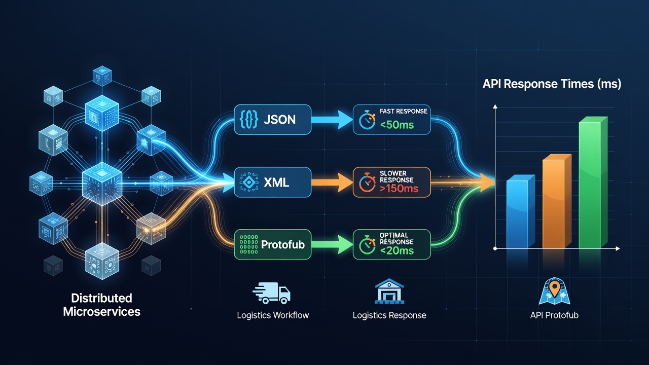Comparison chart showing API response time differences across JSON, Protocol Buffers, and Avro in logistics microservices