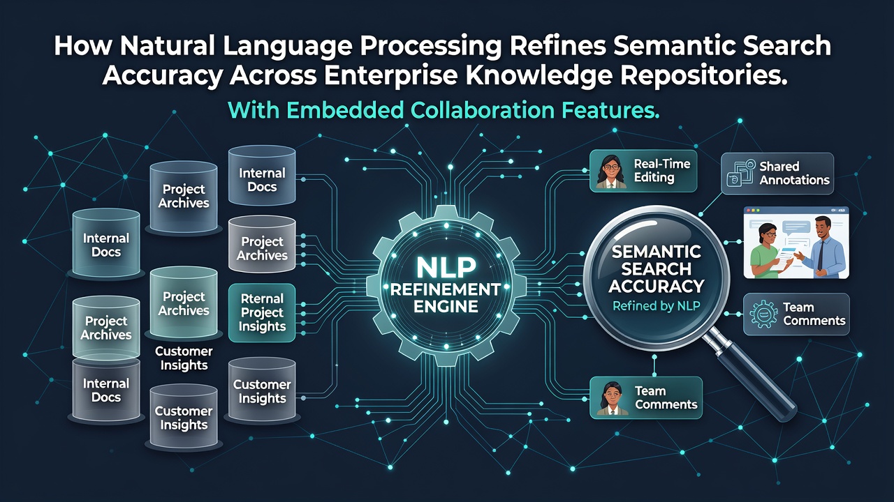 Enterprise team members collaborating on a knowledge repository interface with semantic search results displayed