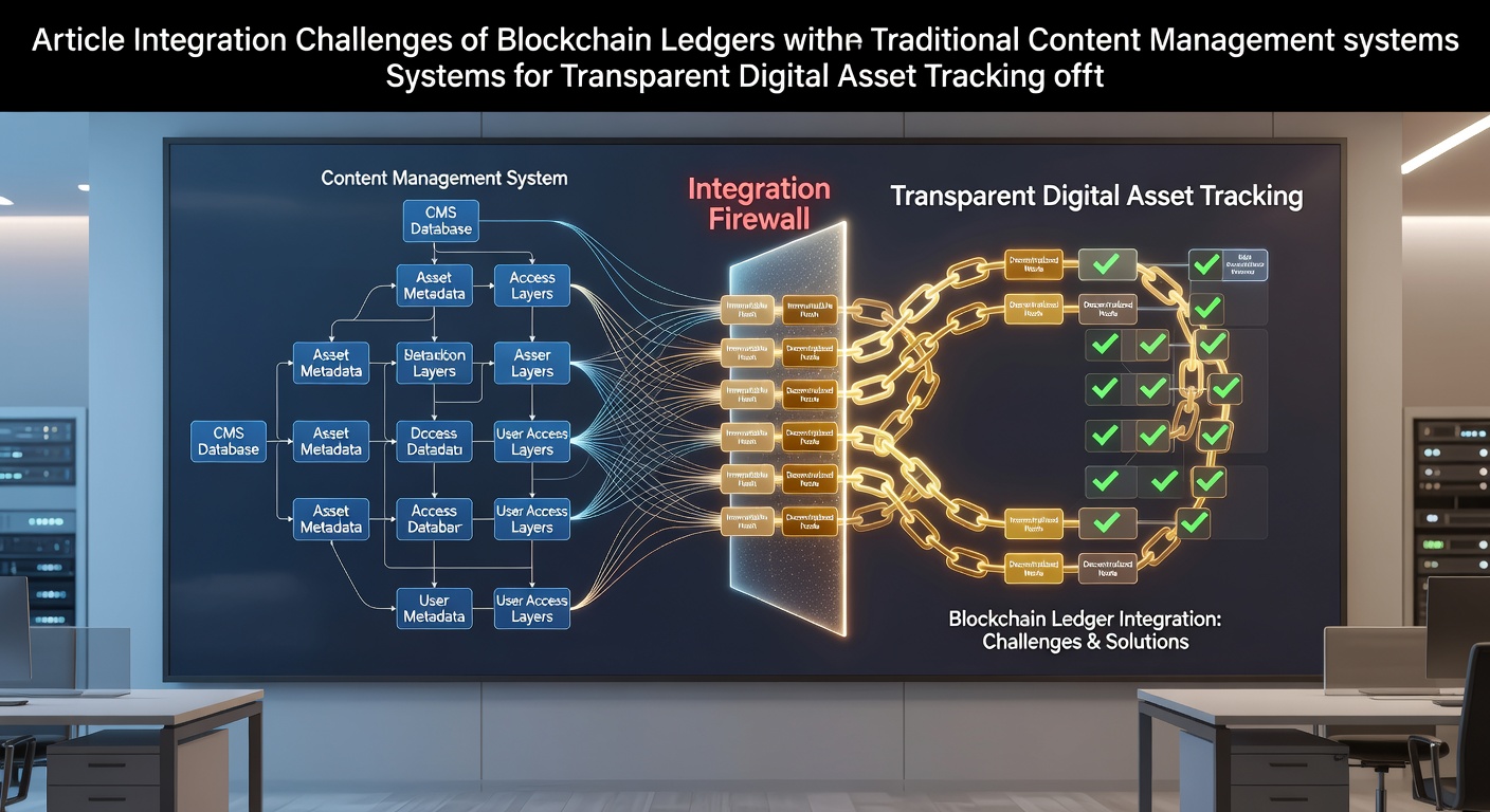 Blockchain ledger nodes connecting to a traditional CMS dashboard interface showing digital asset metadata flows