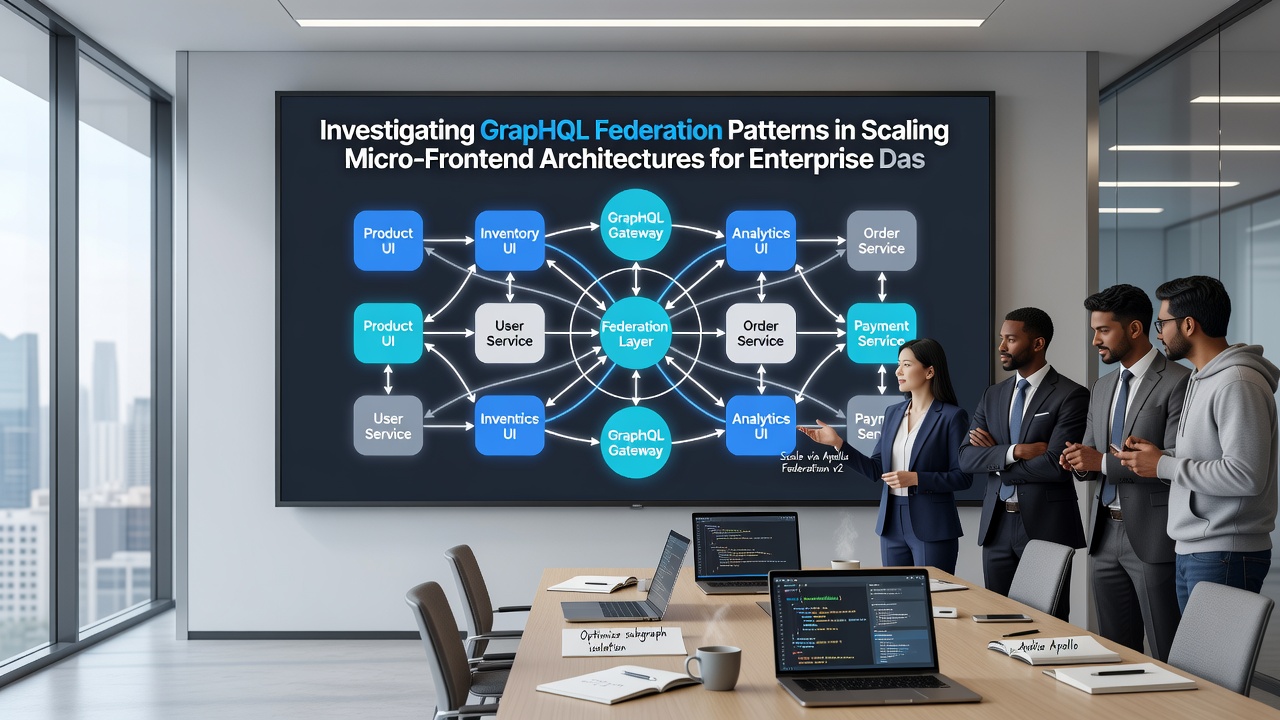 Diagram illustrating GraphQL federation connecting multiple micro-frontend services to an enterprise dashboard