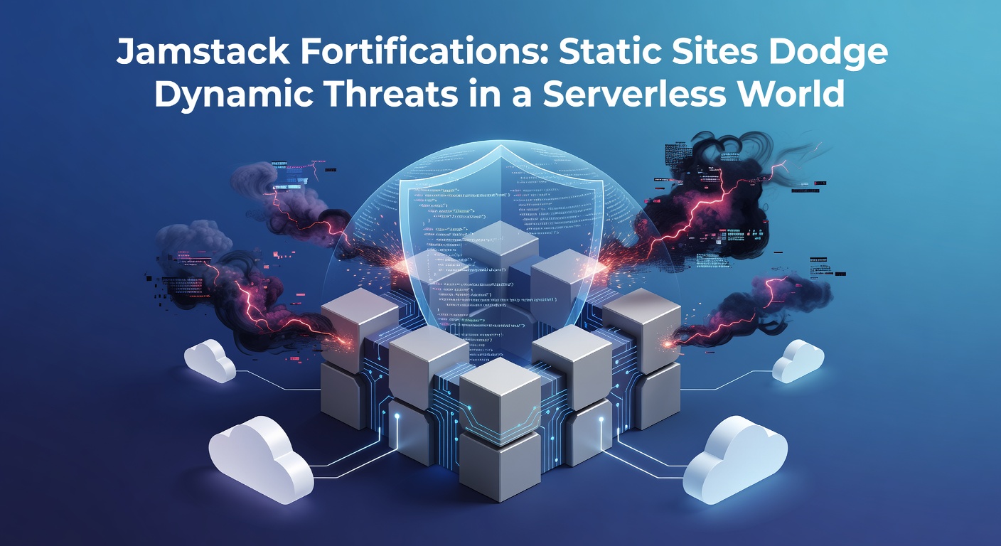 Diagram showing Jamstack architecture with static files shielding against incoming cyber attacks like arrows in a serverless environment