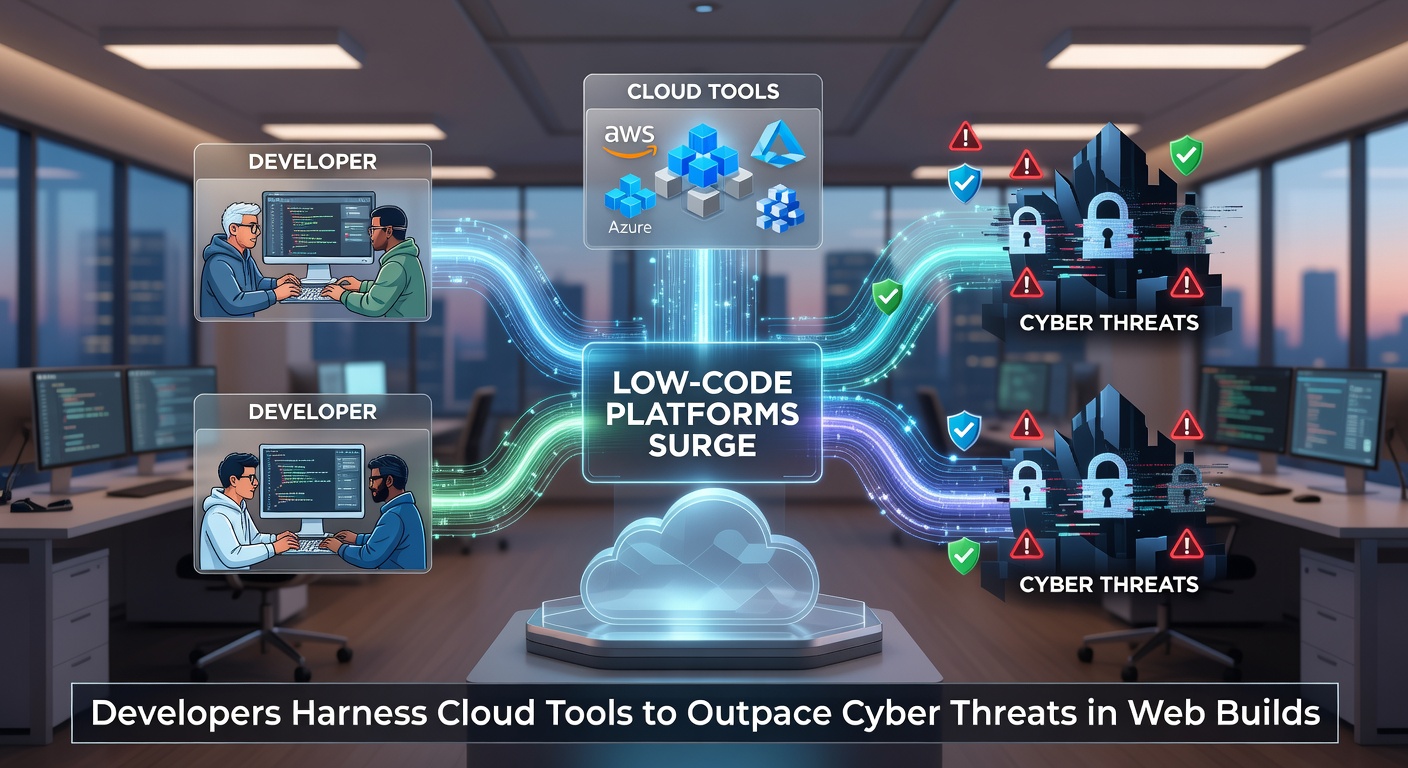Developers collaborating on a low-code platform interface with cloud icons and security shields visible in the background, illustrating rapid web app development