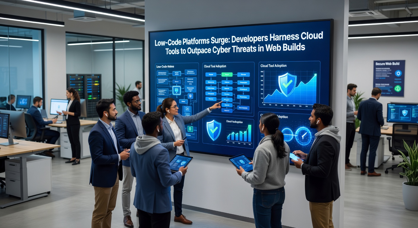 Cloud dashboard displaying low-code web app metrics alongside cybersecurity alerts and threat visualizations, highlighting integrated protection in development pipelines