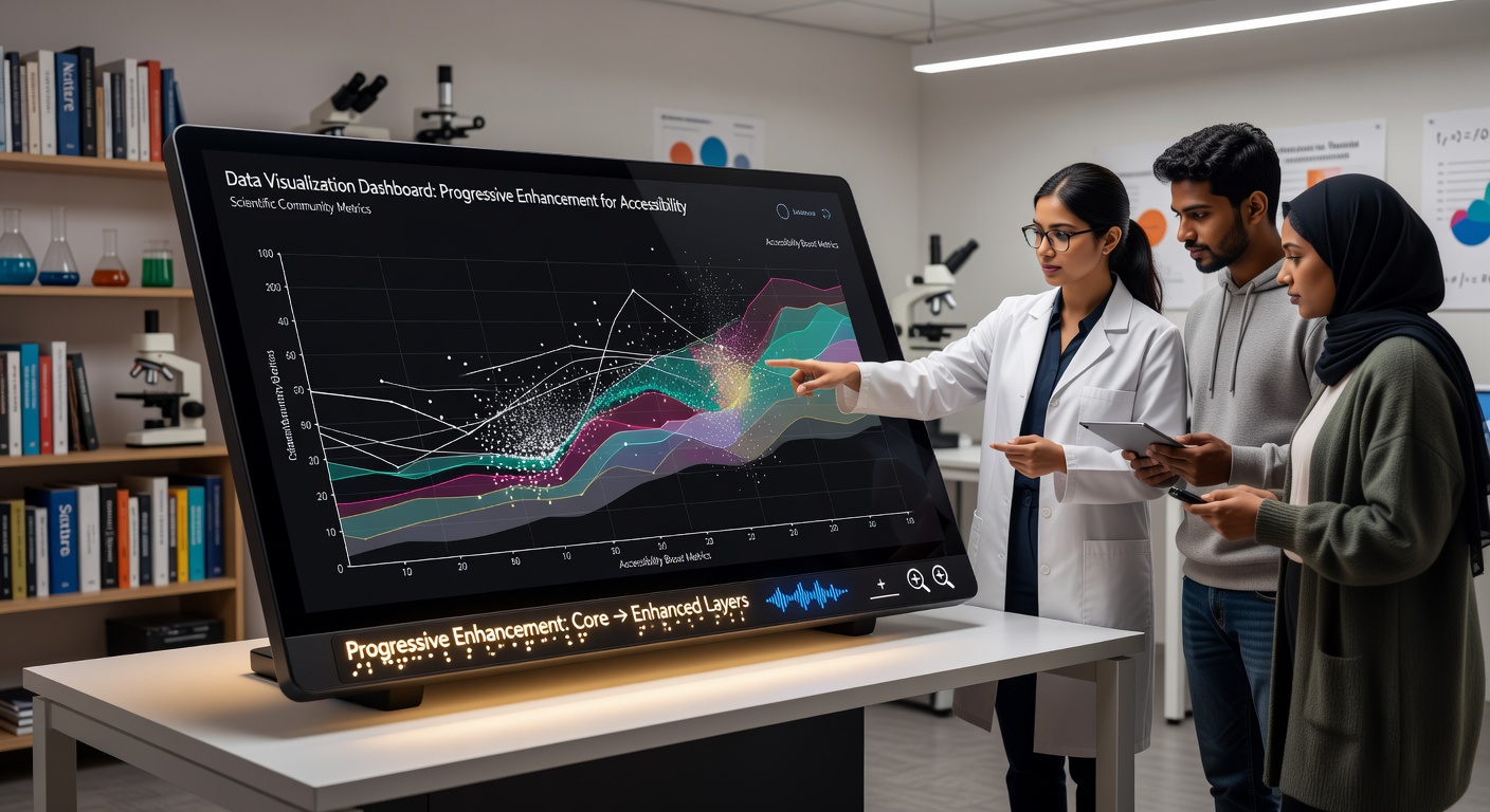 Data visualization dashboard displaying scientific charts with accessibility overlays and keyboard navigation indicators