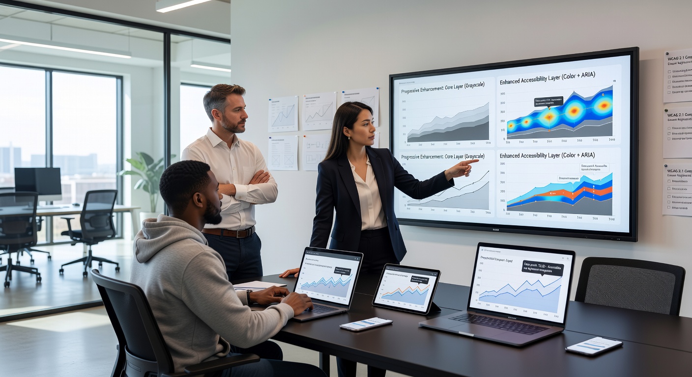 Scientific researchers analyzing accessible dashboard outputs on multiple devices including screen reader interfaces