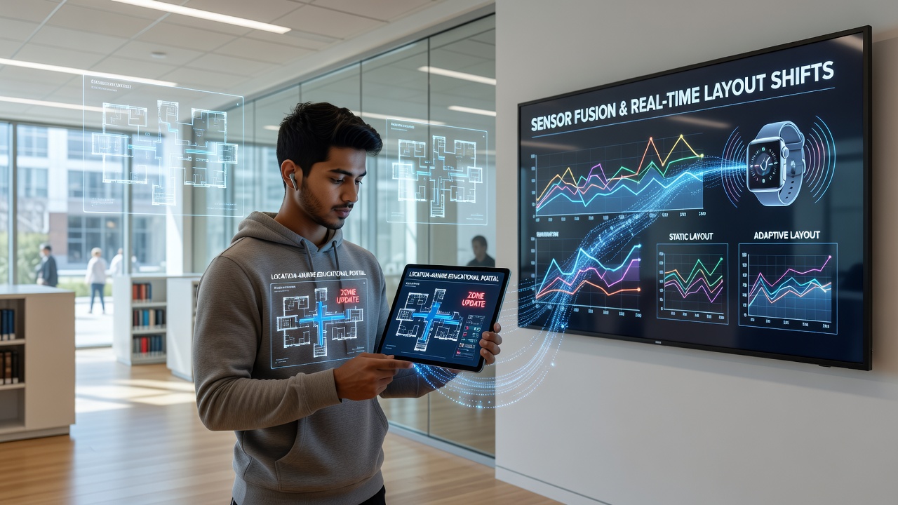Educational portal interface adapting layout based on fused wearable location data