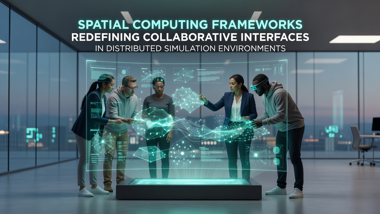 Distributed team collaborating on industrial machinery simulation using spatial computing interfaces across multiple sites