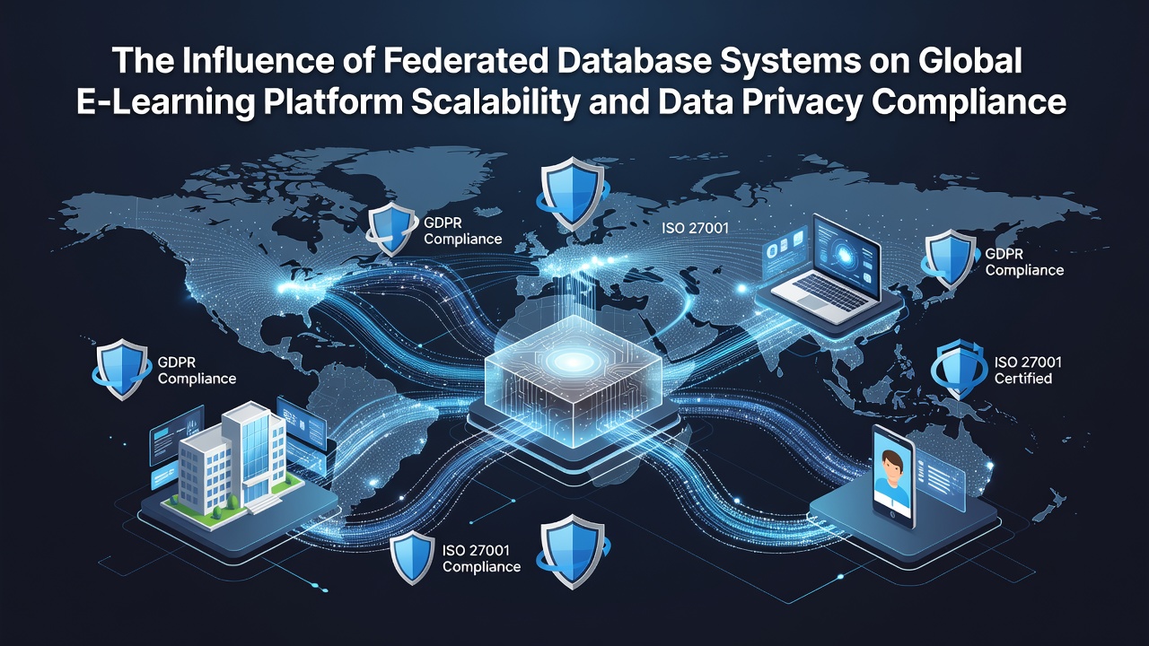 Federated database architecture diagram showing distributed nodes connected across global regions for e-learning data handling
