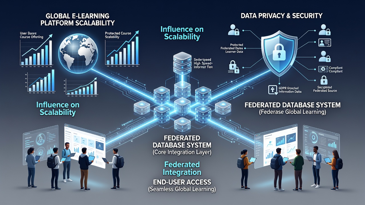 E-learning platform dashboard illustrating regional data nodes and privacy compliance indicators