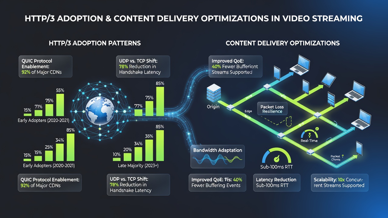 Content delivery network topology diagram illustrating edge nodes serving educational video content via QUIC protocol