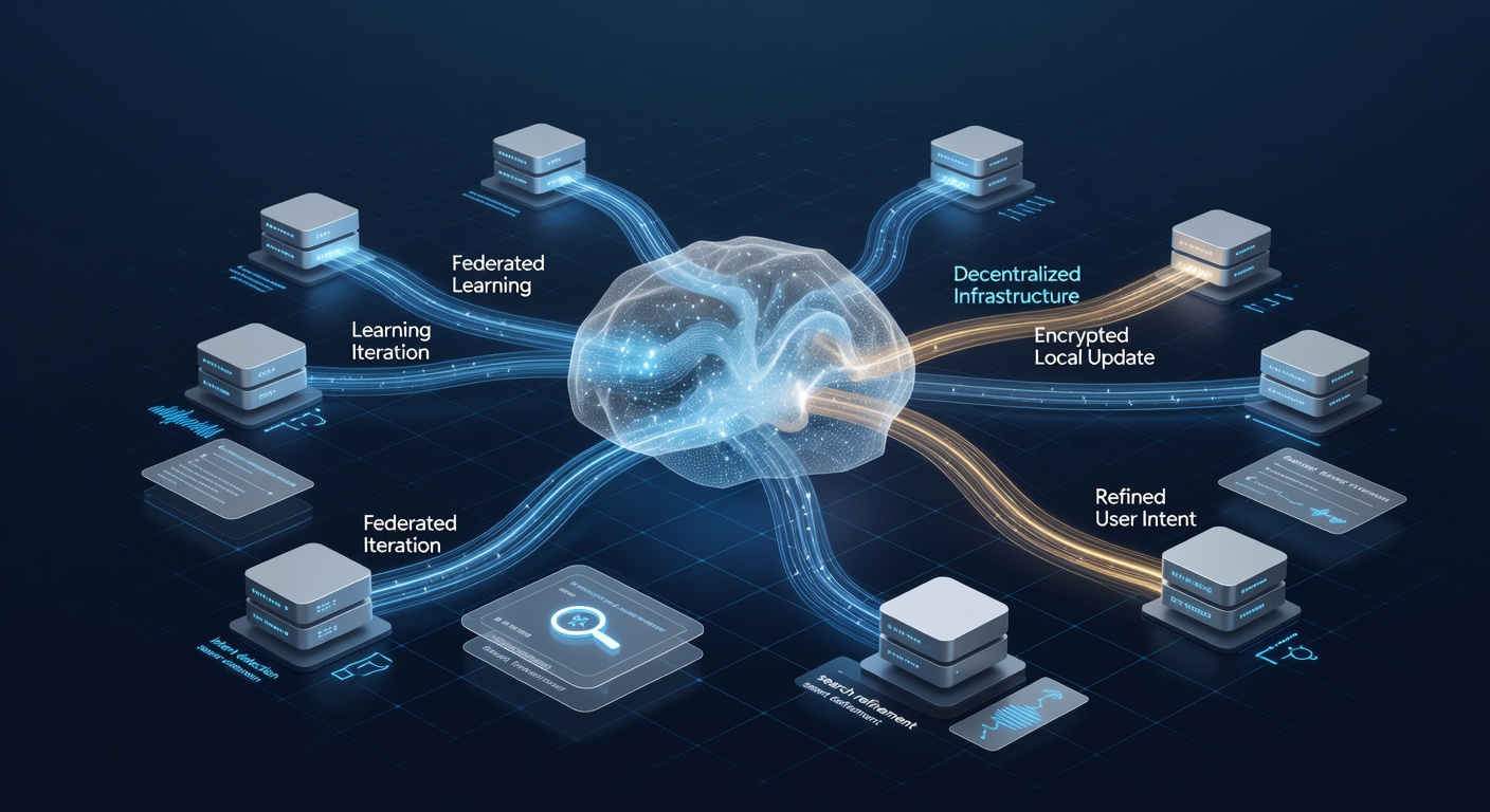Diagram illustrating federated learning nodes connecting to a central model server in a decentralized search setup