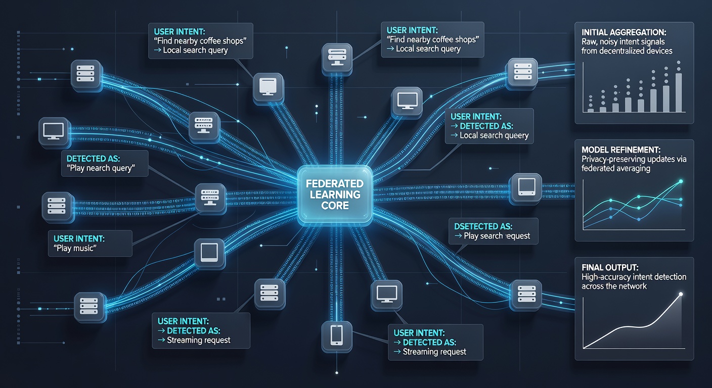 Flowchart showing local model training on search nodes and aggregation for global intent detection updates