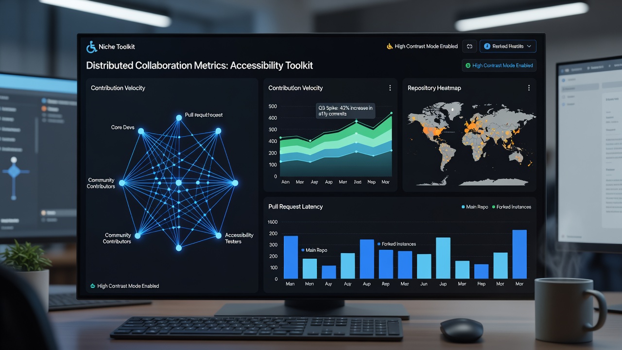 Network graph illustrating contributor interactions across multiple time zones in an accessibility toolkit project