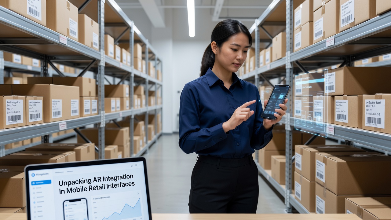Close-up of augmented reality inventory markers overlaid on mobile browser view of warehouse shelves