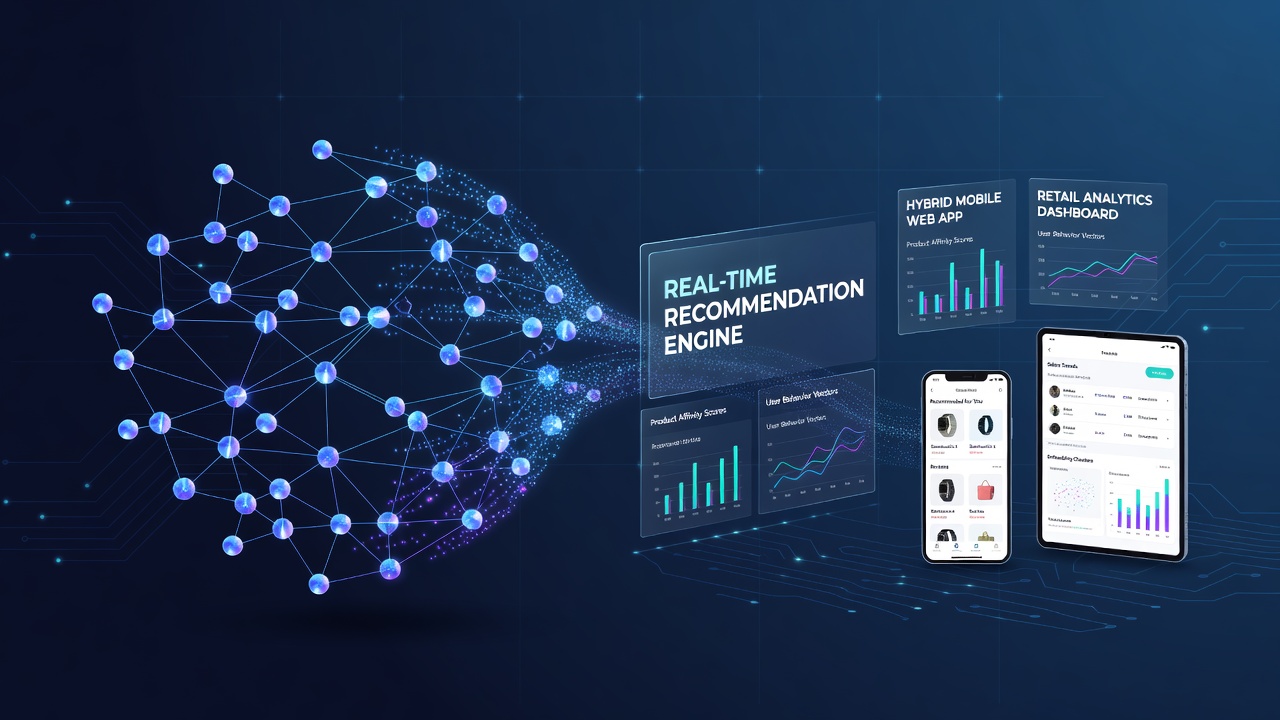 Illustration of vector embeddings processing user data in a mobile retail app interface with recommendation outputs