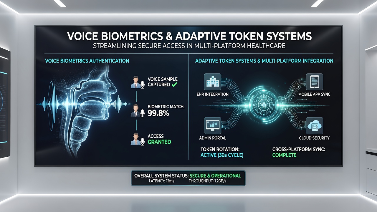 Secure multi-platform healthcare portal interface showing voice biometric login and adaptive token management