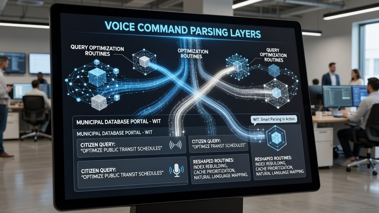 Diagram of voice parsing layers feeding into database query optimizer for city portals